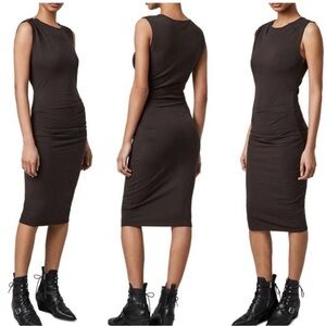 AllSaints Rina Side Ruched Body con Midi Dress Small Khaki Brown Medium
